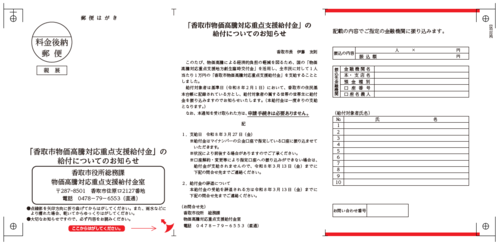香取市物価高騰対応重点支援給付金のお知らせ（圧着はがき）
