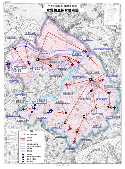 香取市給水区域および水質検査地点の画像