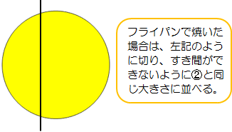 フライパンで焼いた丸い薄焼き卵を、半分より少しずらした位置で縦に切る絵