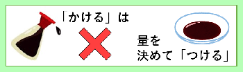 しょうゆ等、かけないで量を決めてつけましょう、という内容の絵