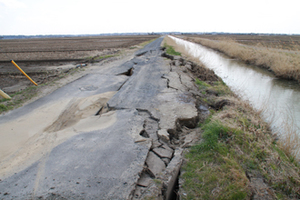 2011年3月13日 八筋川付近では道路に大きな亀裂が4