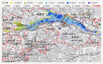 地図上に川がはん濫していく状況を色分けして表示した画像